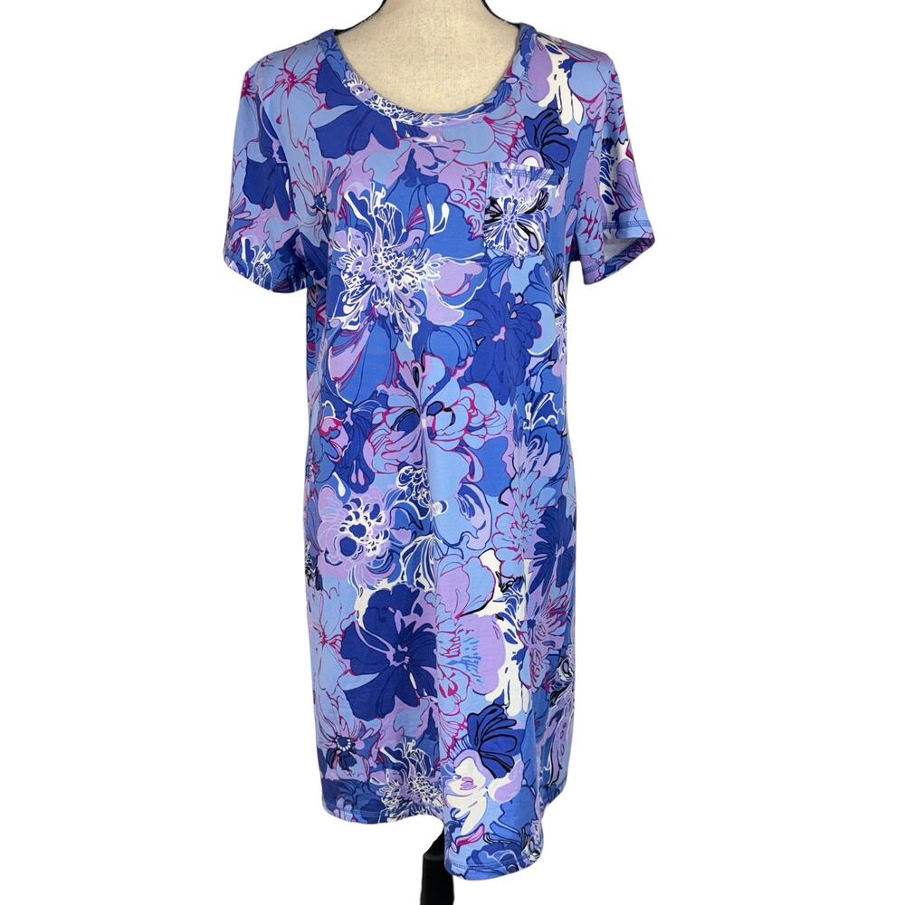 T by Talbots Large Patch Pocket T-Shirt Dress Short Sleeves Floral Crew Neck